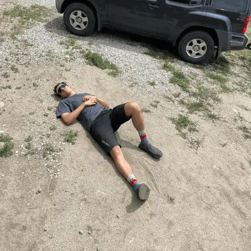 Man bonking after mountain bike ride